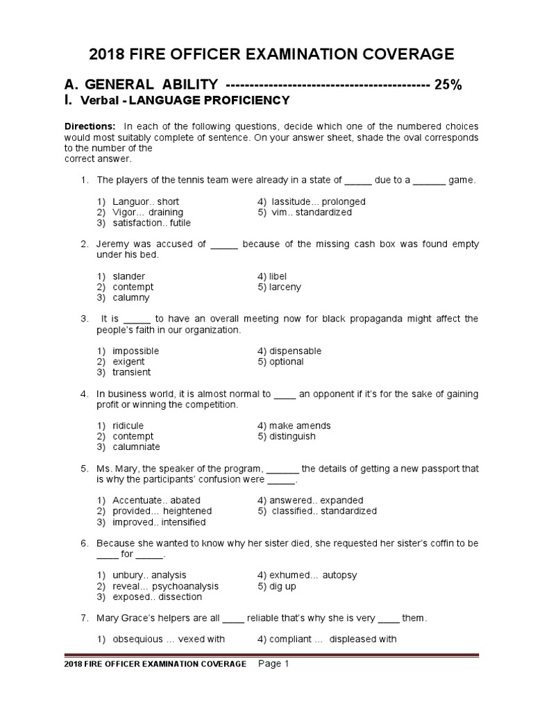 2018 Fire Officer Examination Coverage A. GENERAL ABILITY 25 I PDF