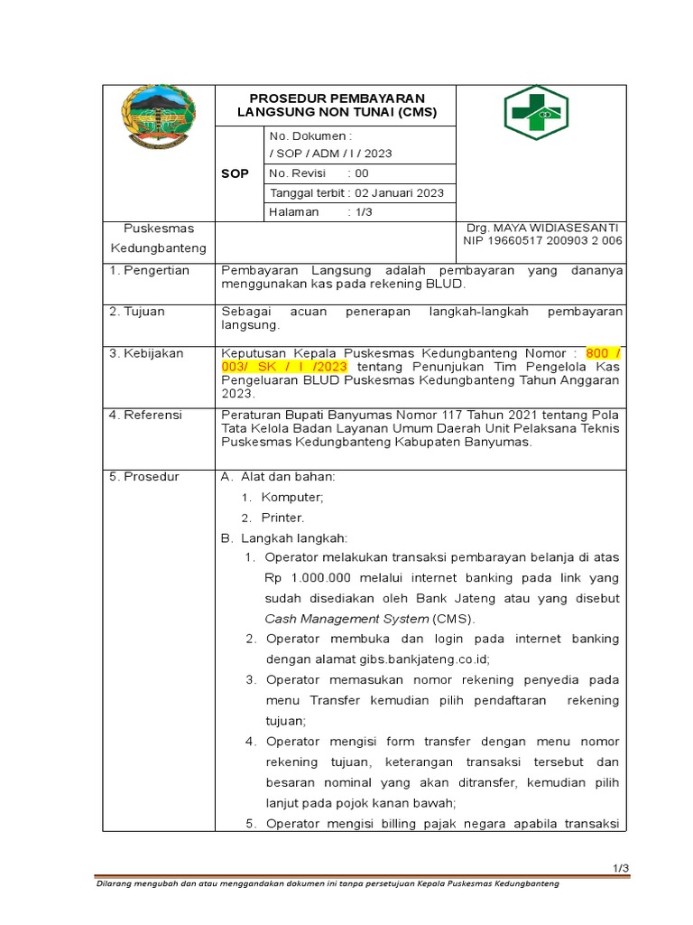 Sop Pembayaran Langsung CMS Fix | PDF