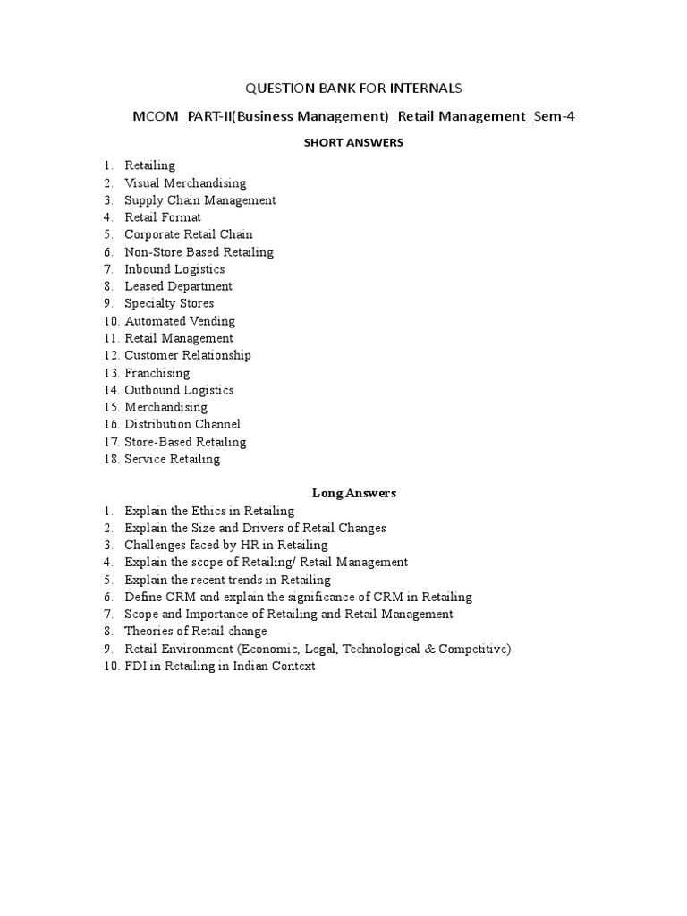 Retail Management Question Bank Pdf