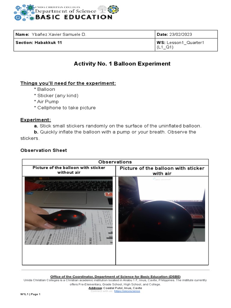 Activity 1 Balloon Experiment 2 1 | PDF | Atmosphere Of Earth | Balloon