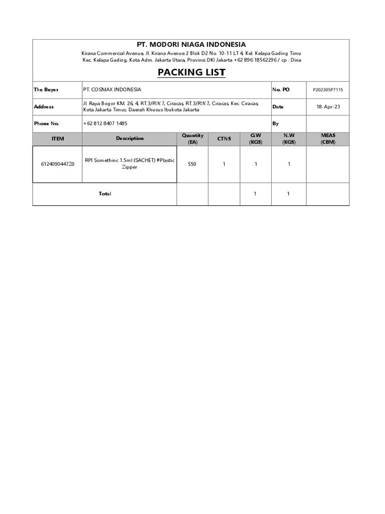 Cosmax Indonesia Packing List | PDF