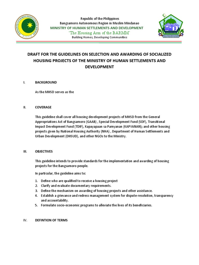 Guidelines on the Beneficiary Selection Criteria for Housing Project of