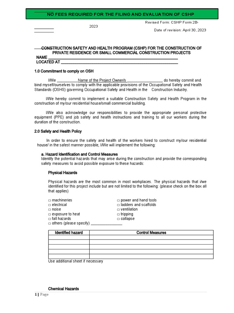 Form2B CSHP Template Residential BLDG Download Free PDF Occupational Safety And Health