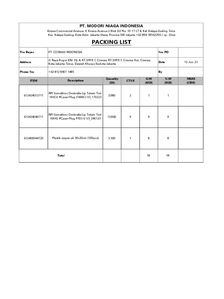 Packing List Cosmax WUCU - HAYG - ZIPPER | PDF