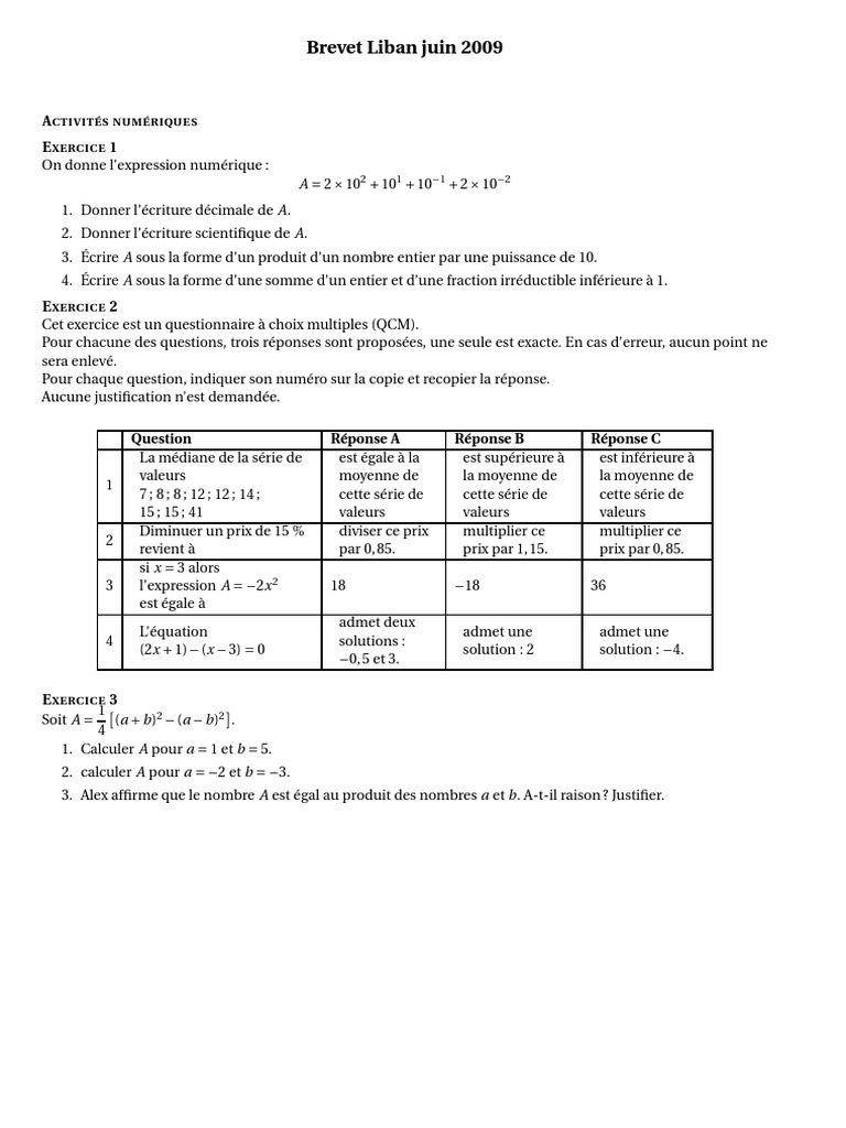 2009 06 Brevet Liban Sujet PDF