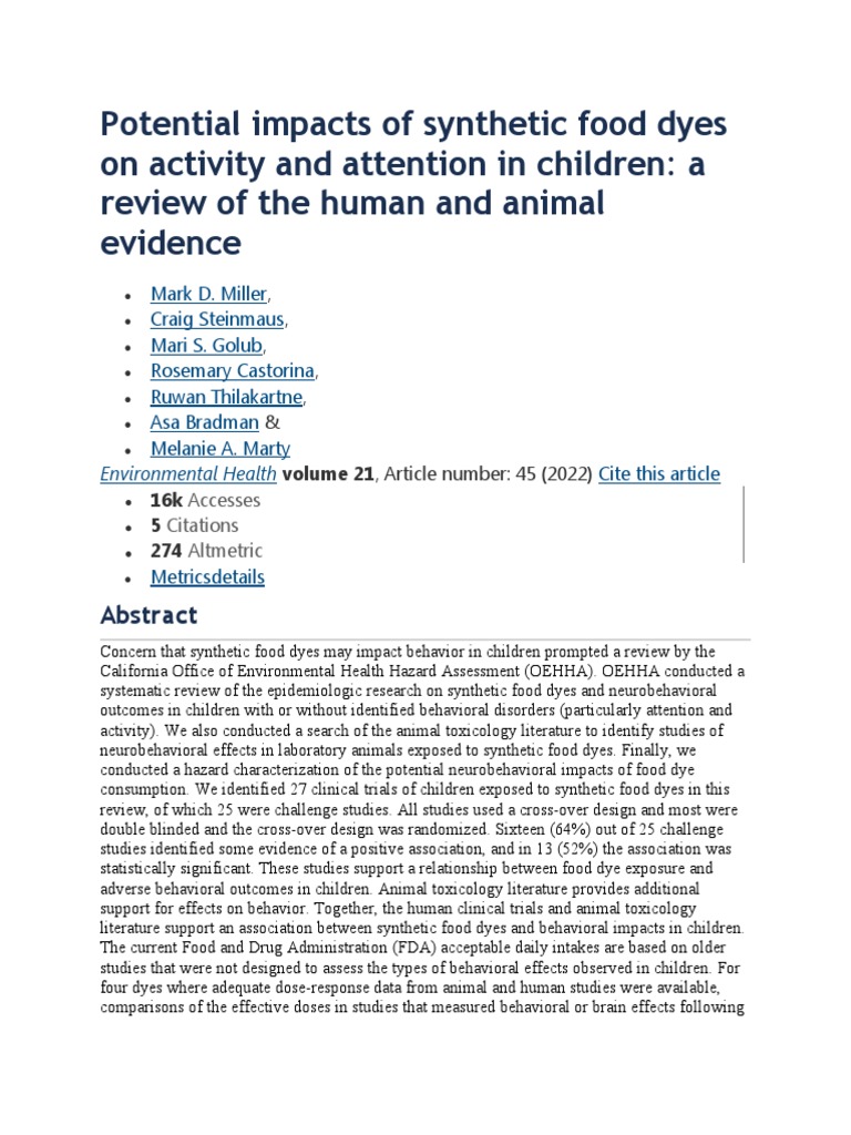 Potential Impacts of Synthetic Food Dyes PDF Toxicology Clinical