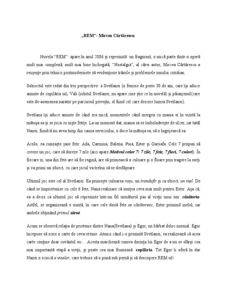 Rem Mircea Cartarescu Rem Mircea Cartarescu | PDF
