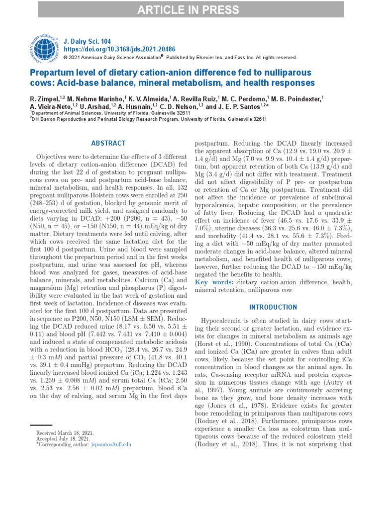 Prepartum Level of Dietary CationAnion Difference Fed To Nulliparous
