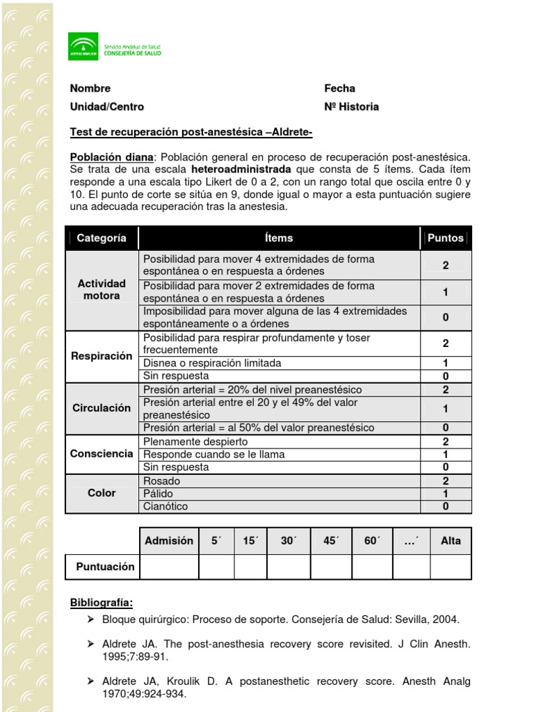 Test de Recuperacion Postanestesica Aldrete