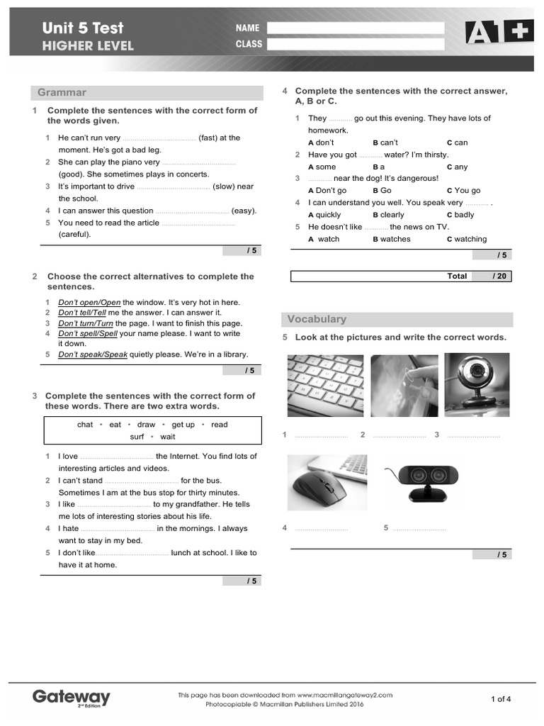 A1+ UNIT 5 Test Higher | PDF