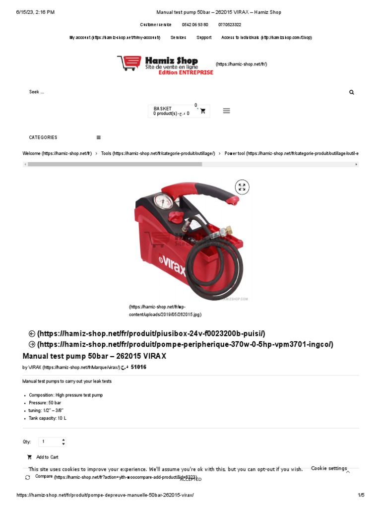 Pompe d'épreuve manuelle 50 bars 10L Virax - Matériel de Pro