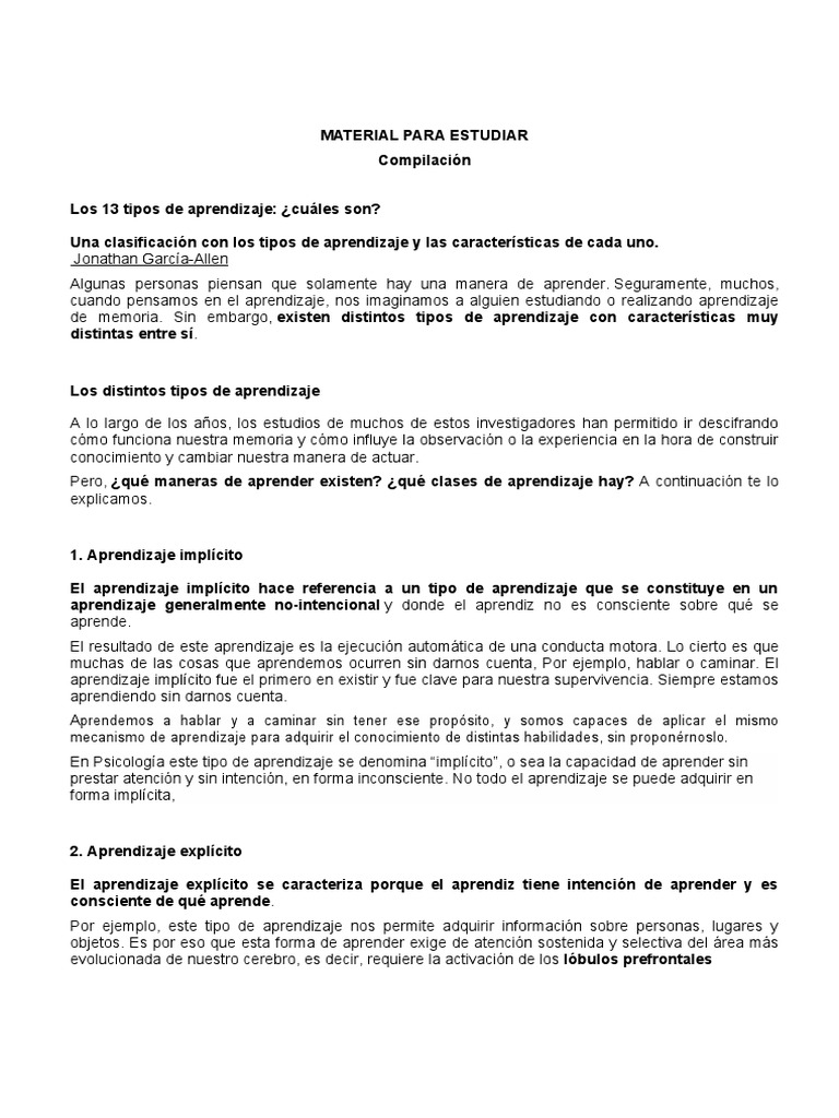13 Tipos de Aprendizaje y sus Características | PDF | Aprendizaje | Memoria