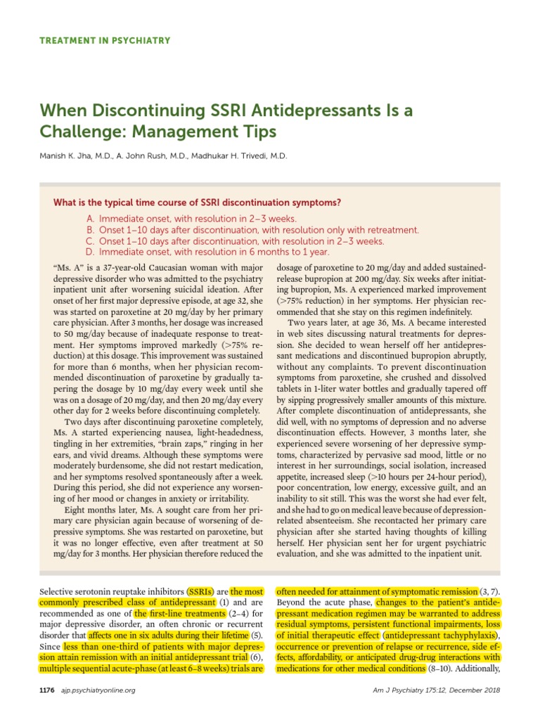 When discontinuing SSRI antidepressants is a challenge. Management tips
