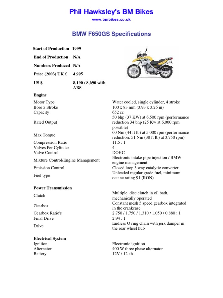 BMW F650GS Spec | PDF | Home & Garden | Technology & Engineering