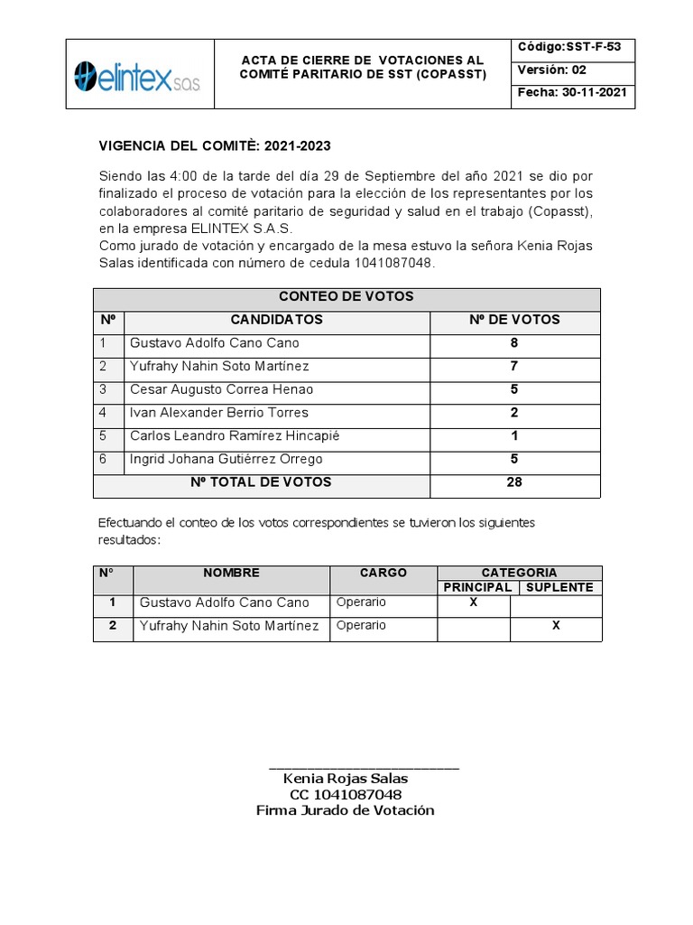 Acta de Cierre de Votaciones Copasst | PDF