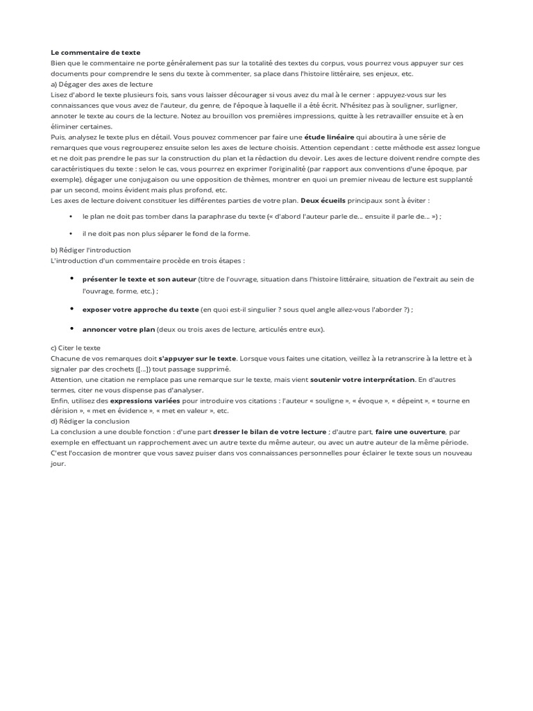 Méthodologie Commentaire Composé BAC Français | PDF