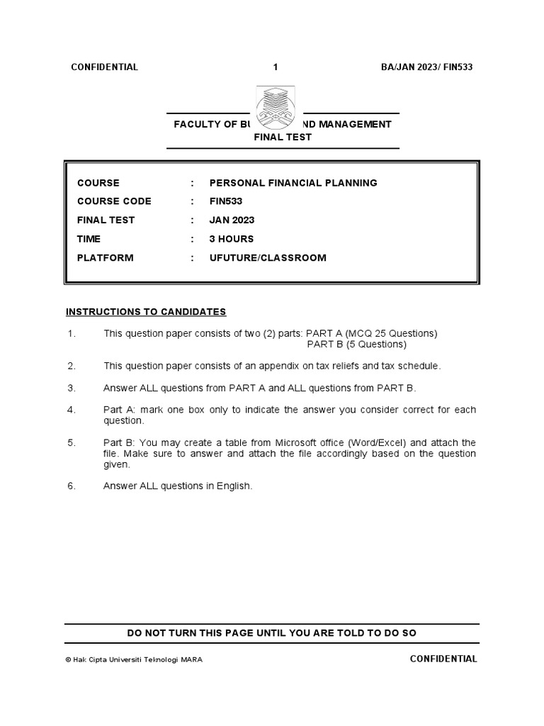 FIN533 Personal Financial Planning Test | PDF