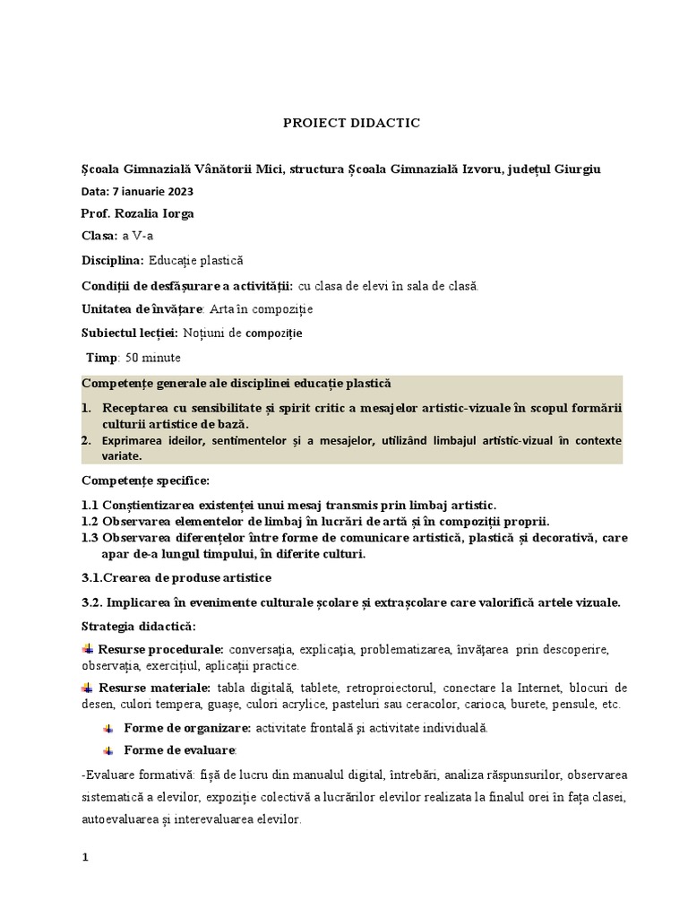 Compozitia, Proiect Didactic 2 | PDF