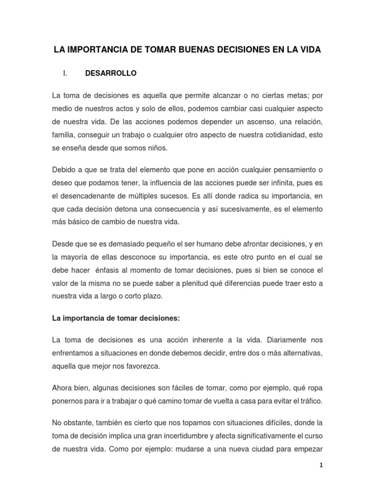 Informe Tomar Buenas Decisiones en La Vida | PDF | Toma de decisiones ...