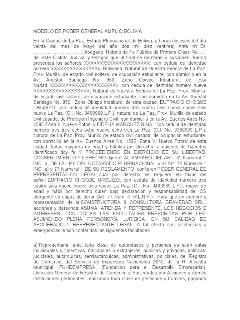 Modelo de Poder General Amplio Bolivia | PDF | Bancos | Pagaré