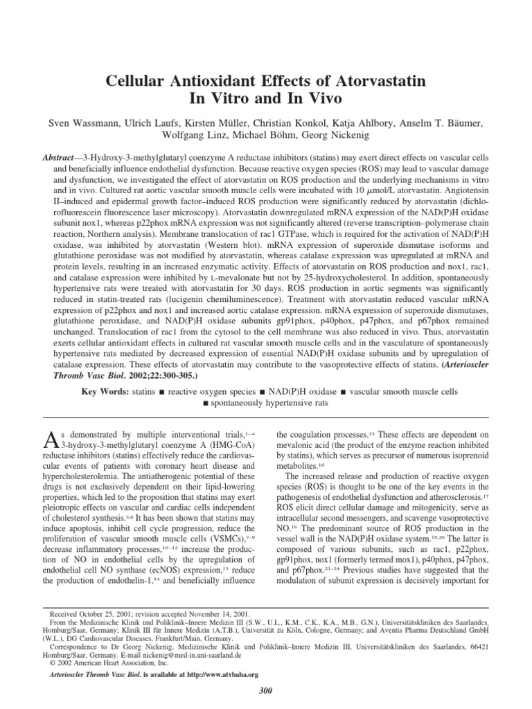 Cellular Antioxidant Effects of Atorvastatin in Vitro and in Vivo | PDF ...