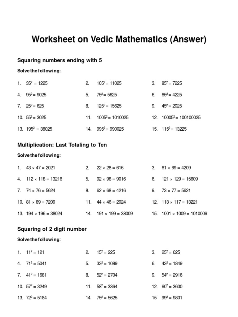 Worksheet Vedic Mathematics With Answers For Saraswati PDF