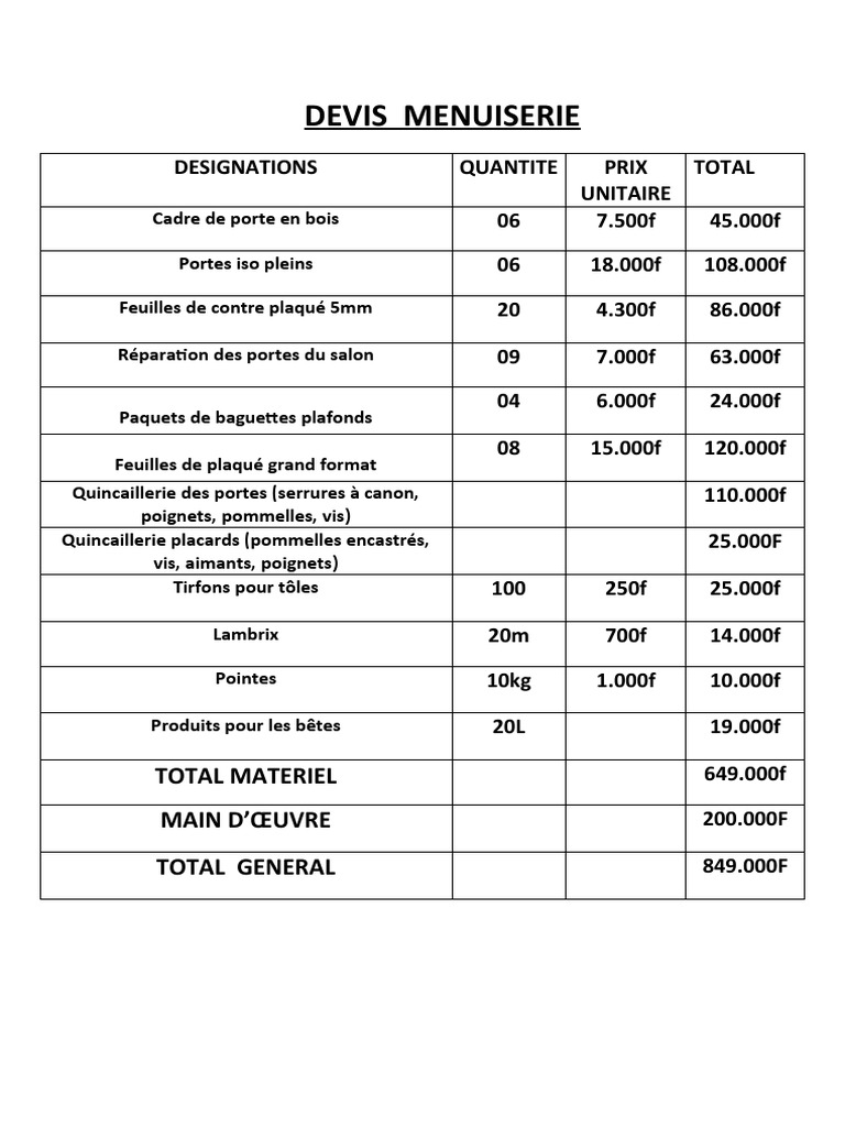 Devis Menuiserie PDF