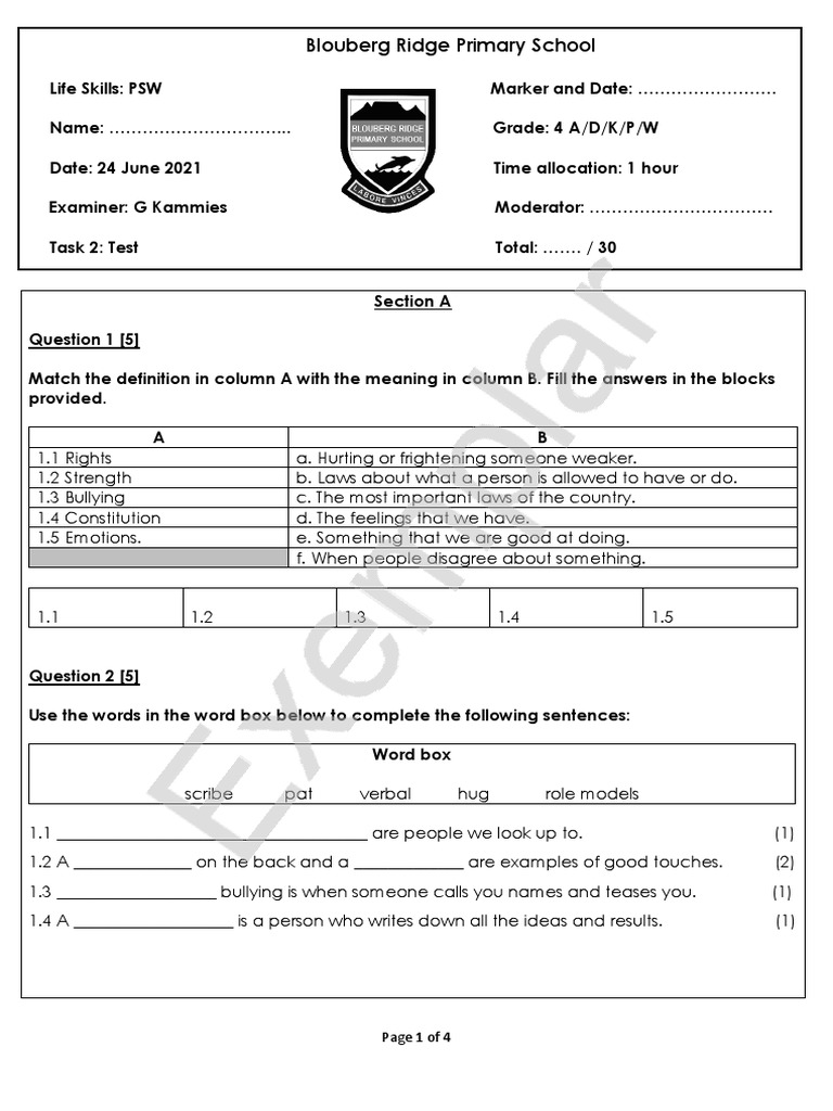 Grade4LifeSkillsMidYearExamination2021 PDF