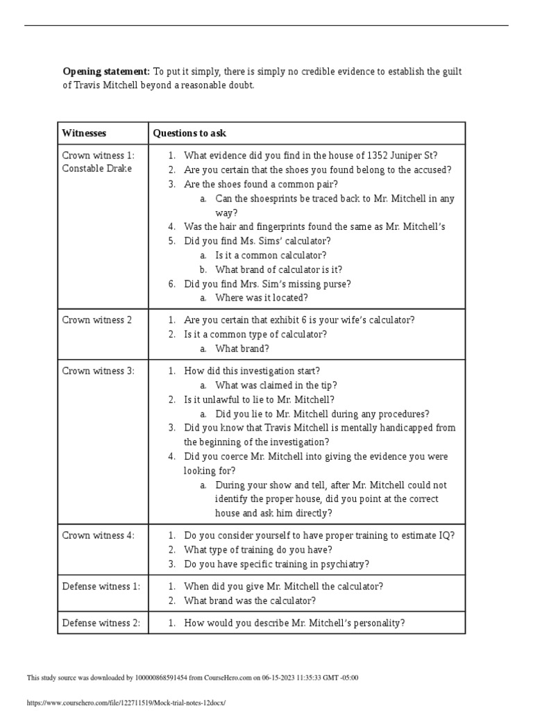 Mock Trial Notes 1.2 | PDF | Witness | Common Law