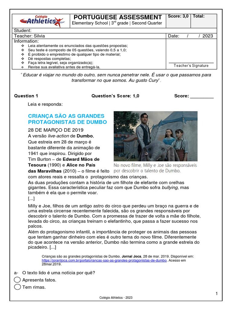 Avaliação de Português 3º Ano - 2º Trimestre | PDF