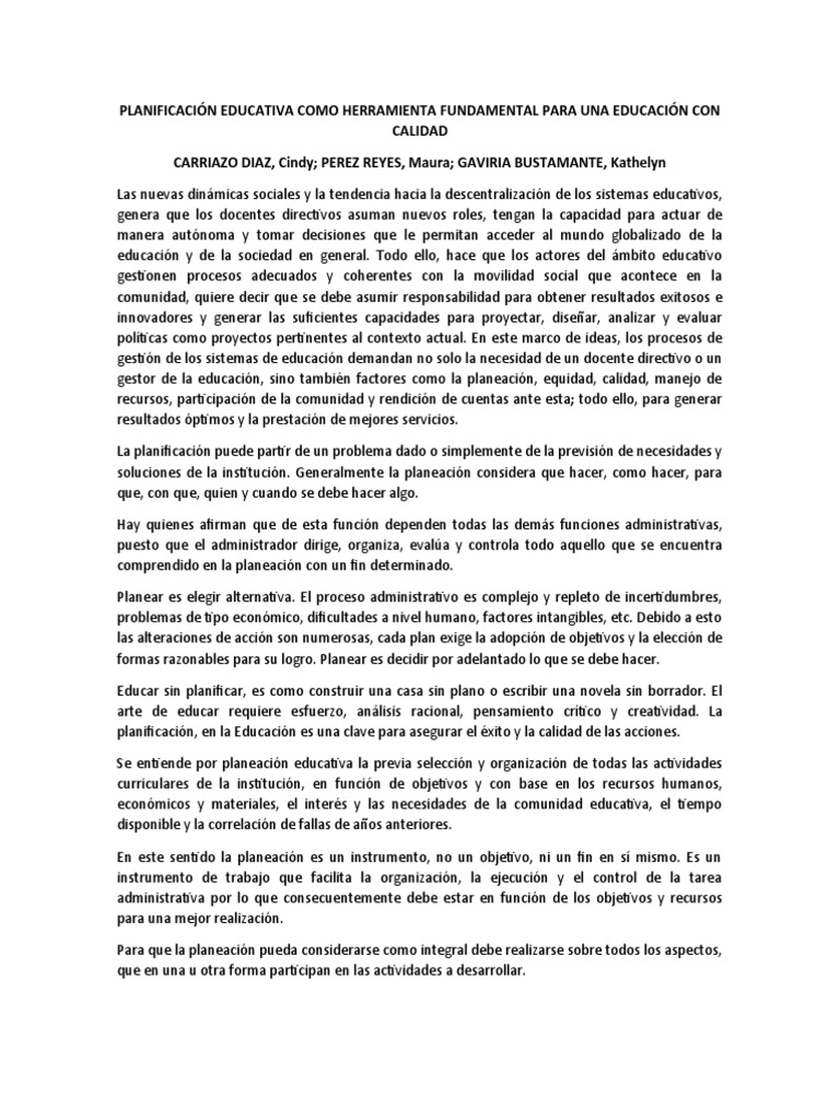 Planificación Educativa para Calidad | PDF | Planificación | Evaluación
