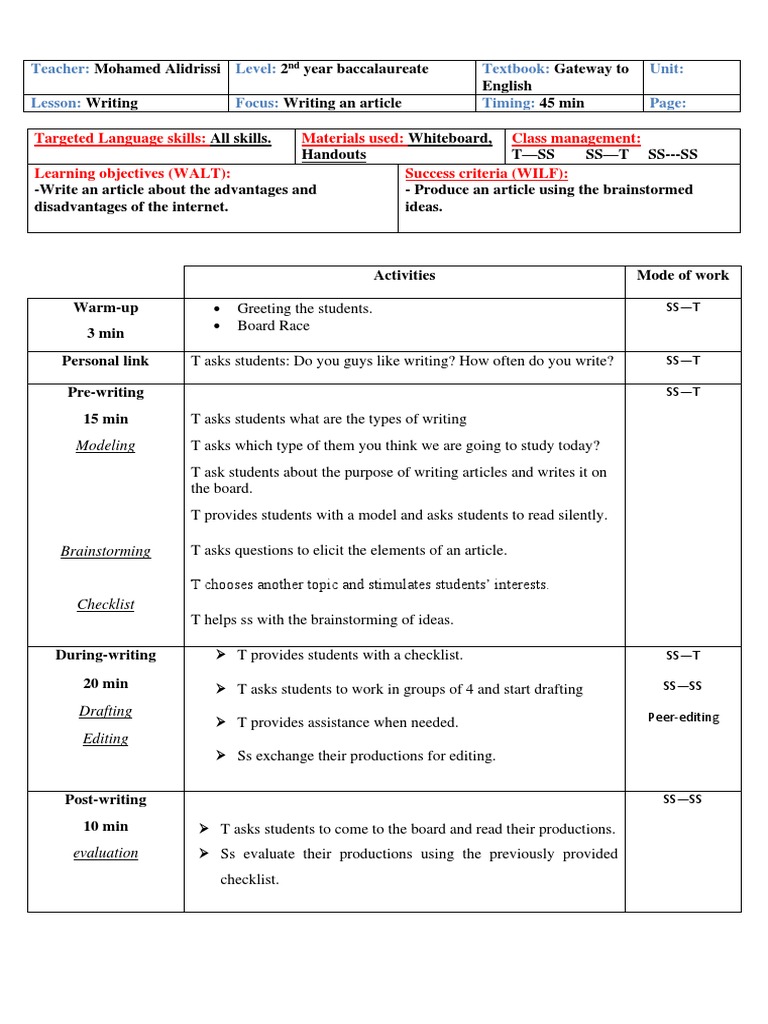 Article Writing Lesson Plan for 2 Bac | PDF | Brainstorming | Pedagogy