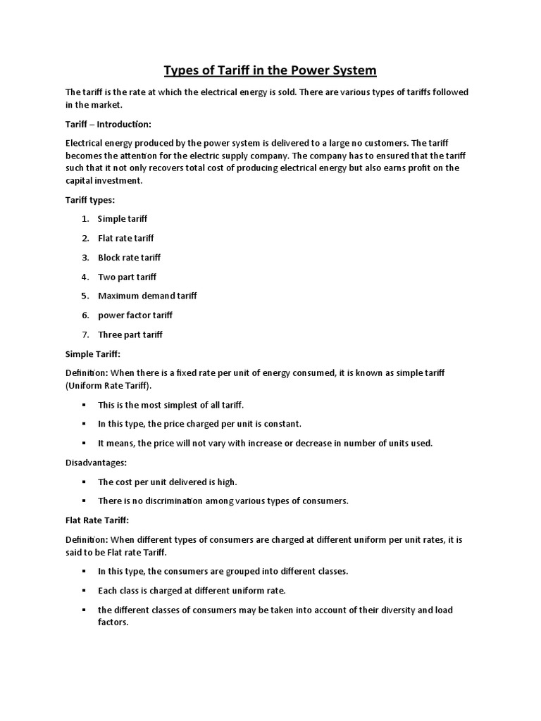 Types of Tariff in the Power System1 PDF Tariff Economies