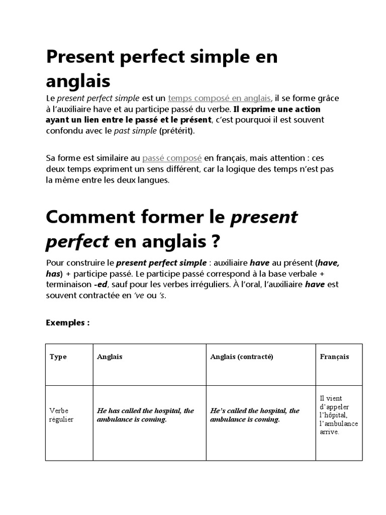Comprendre le present perfect simple en anglais | PDF