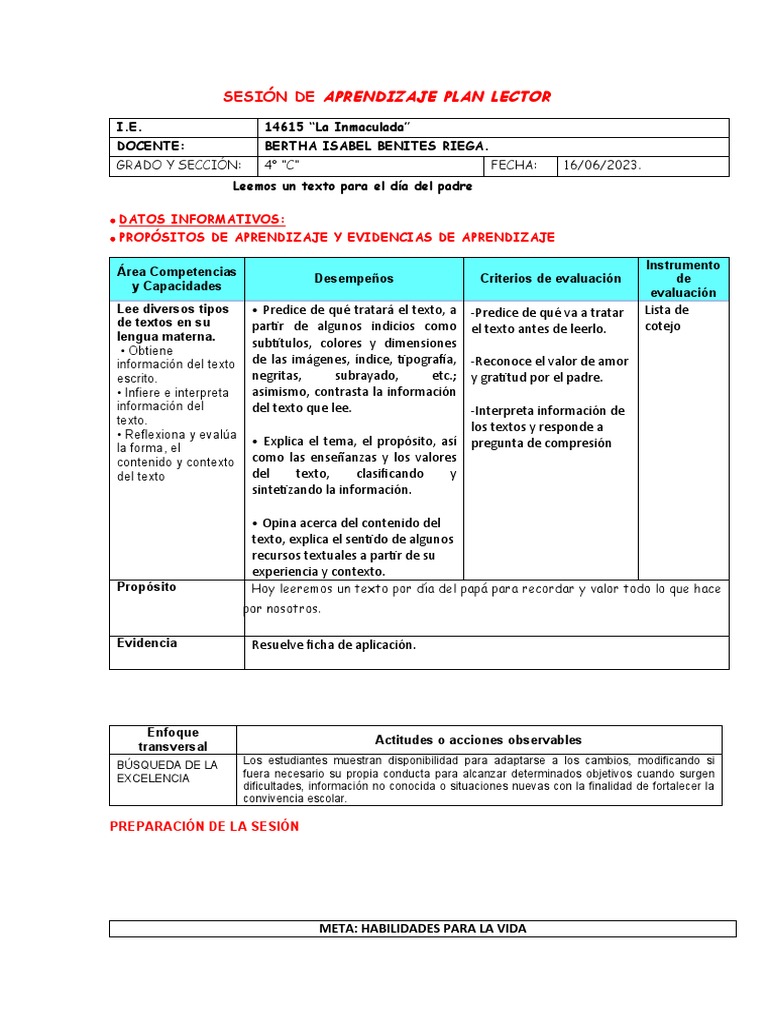 SESIÓN DE PLAN LECTOR 16 JUNIO Dia Del Padre 2023 | PDF | Evaluación ...