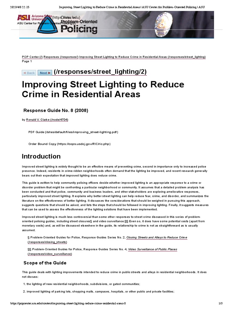 Improving Street Lighting To Reduce Crime in Residential Areas ASU