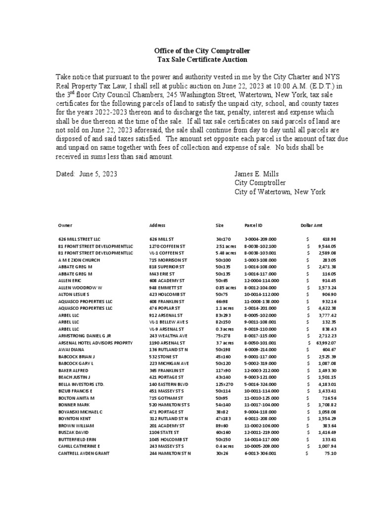 City of Watertown Tax Sale Certificate Auction June 22, 2023 PDF
