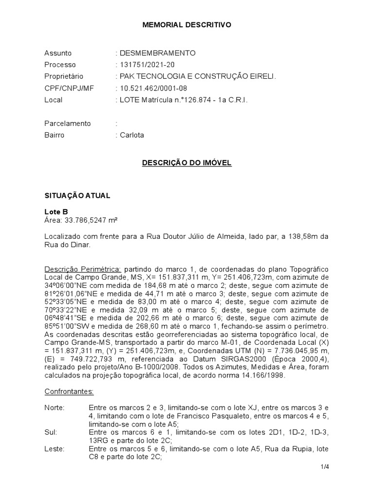 Memorial Descritivo de Desmembramento | PDF | Tecnologia e Engenharia