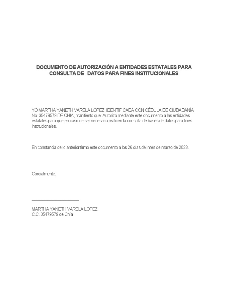 Documento de Autorización a Entidades Estatales Para Consulta de Datos ...