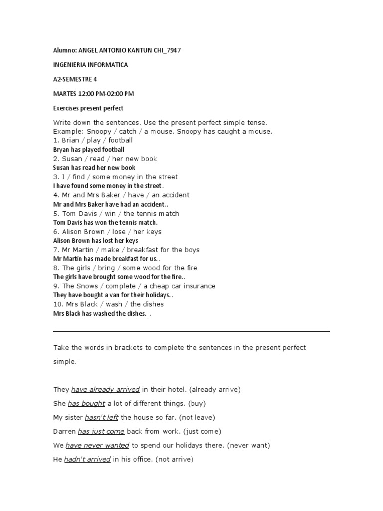 Present Perfect Tense Exercises | PDF | Language Arts & Discipline