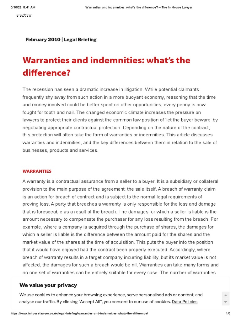 Warranties and Indemnities What's The Difference The InHouse
