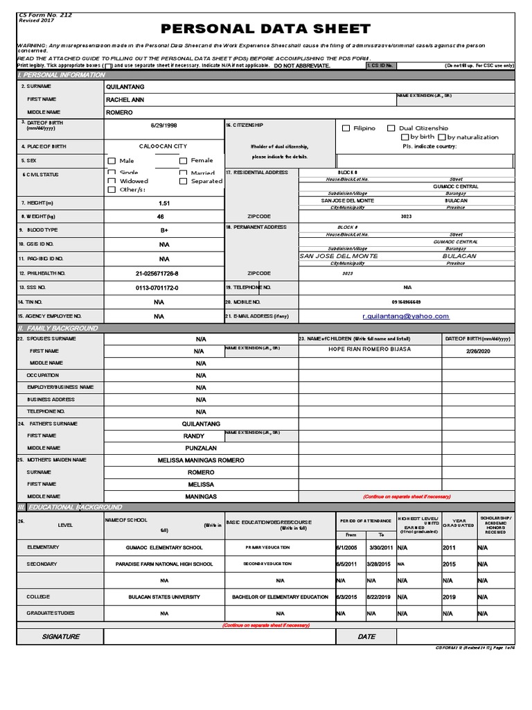 Personal Data Sheet Online