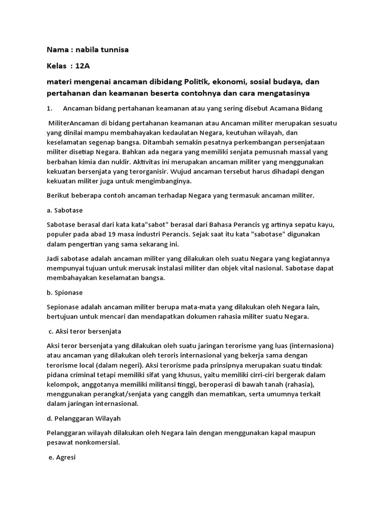 Materi Mengenai Ancaman Dibidang Politik Ekonomi Sosial Budaya