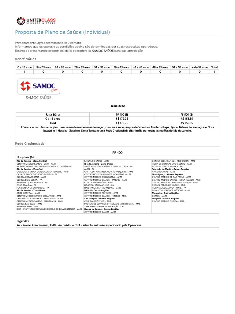 Proposta de Plano de Saúde SAMOC | PDF | Rio de Janeiro | Hospital