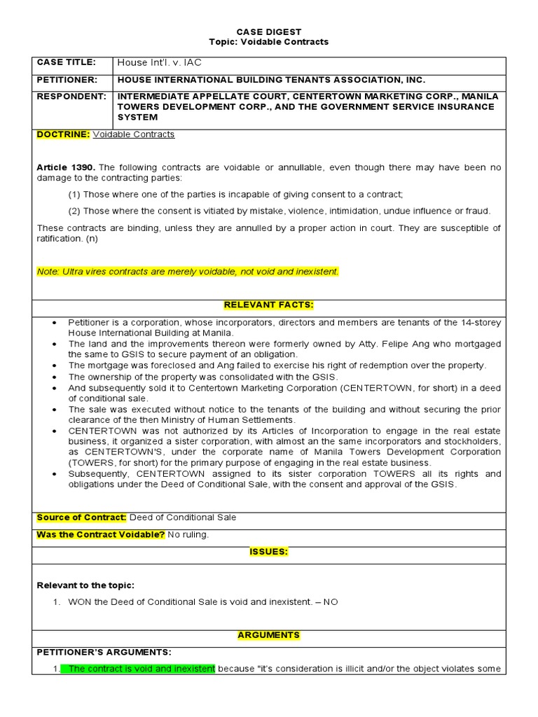 Voidable Contracts: House Int’l. v. IAC | PDF | Annulment | Deed