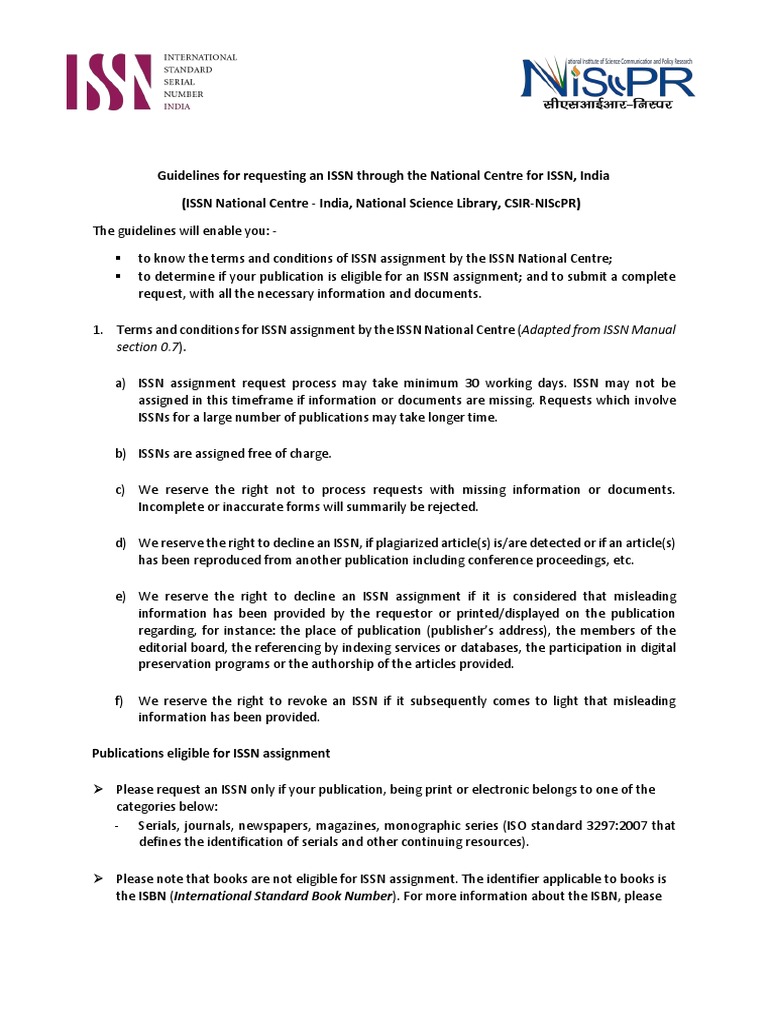 ISSN Application Guidelines for India | PDF | International Standard ...