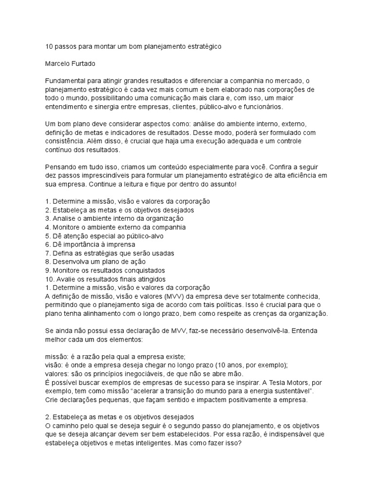 10 Passos para Montar Um Bom Planejamento Estratégico | PDF ...