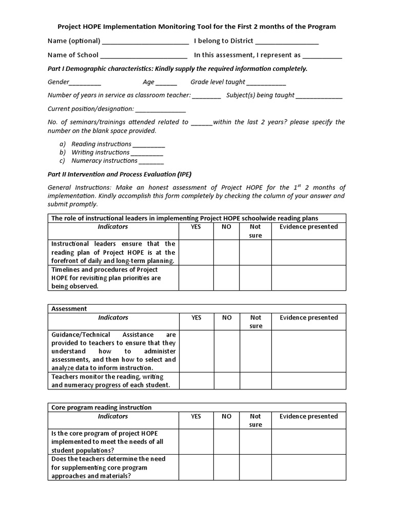 Project HOPE Monitoring Tool Overview | PDF | Teachers | Communication