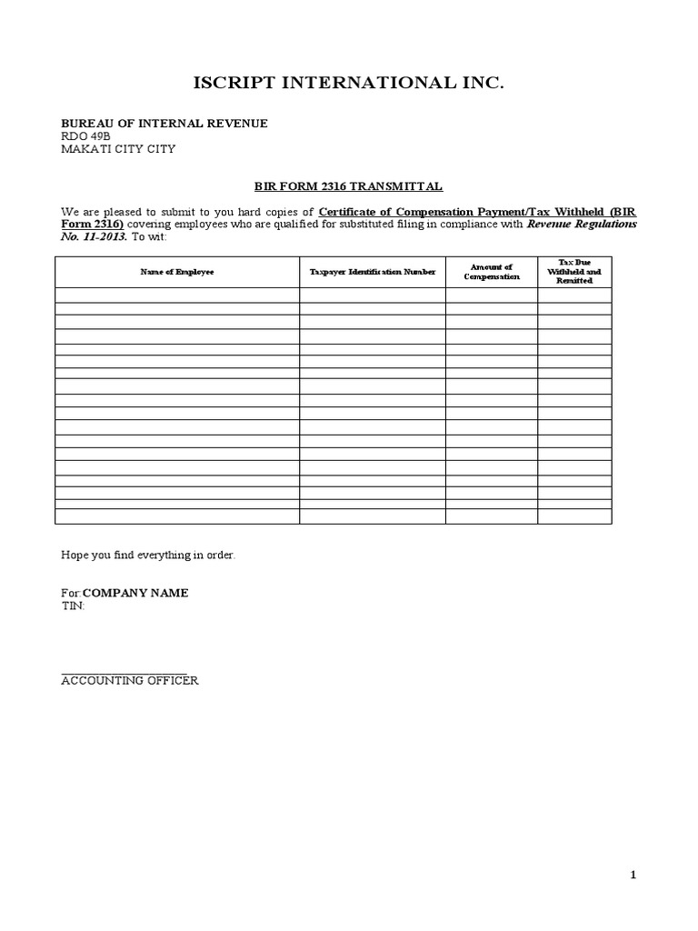 BIR Form 2316 Transmittal Submission | PDF