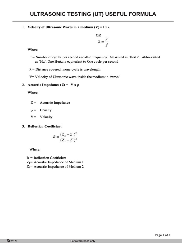 Ultrasonic Testing Formulas Overview | PDF | Waves | Wavelength